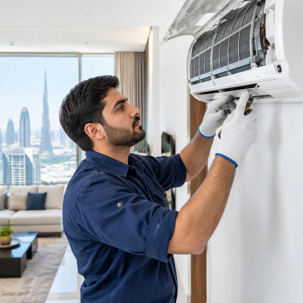 Illustration of professional AC maintenance in a Dubai apartment