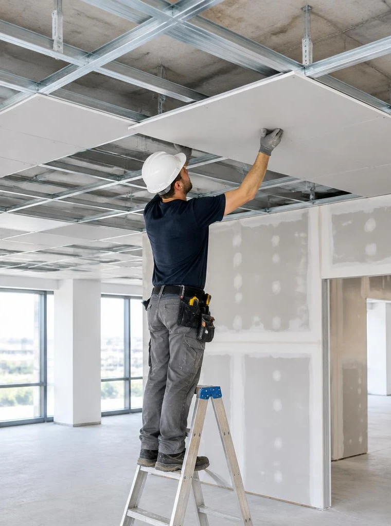 Installer positioning a gypsum ceiling panel beneath a metal framework