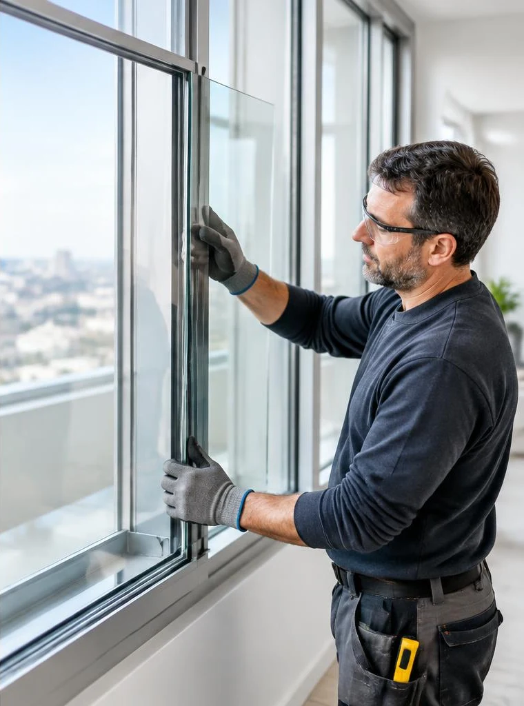 Glazier fitting a clear glass panel into an aluminum window frame