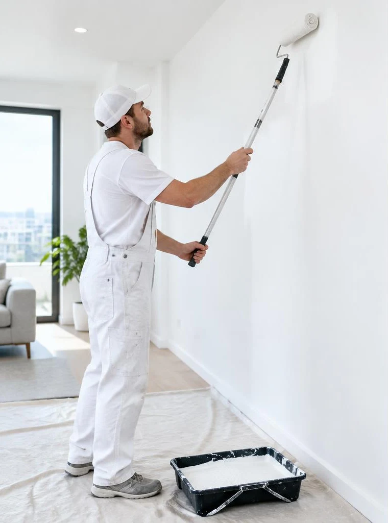 Painter applying white paint to an interior wall with a roller