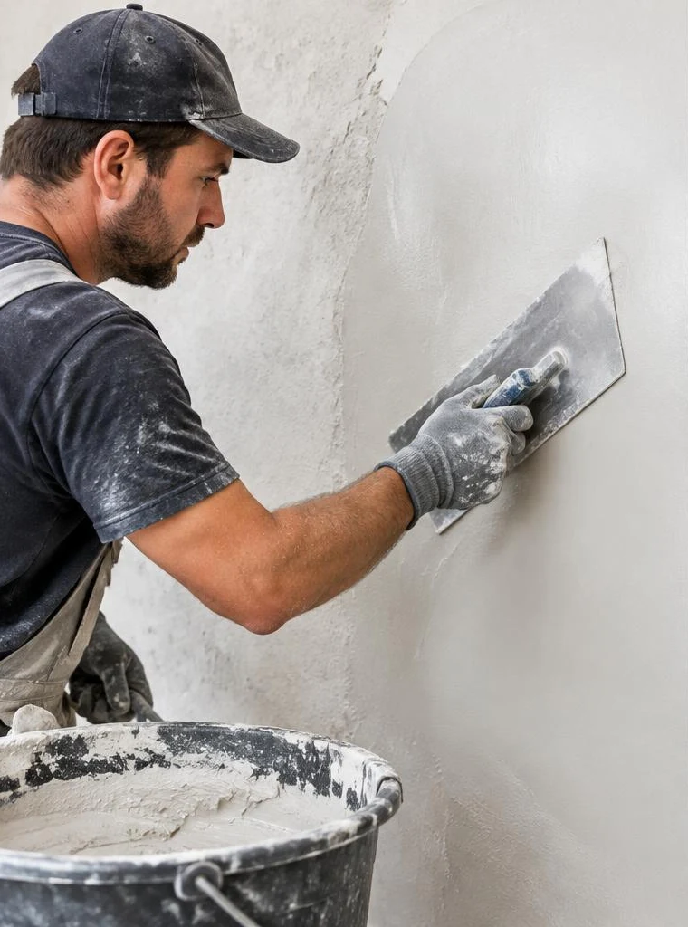 Plasterer smoothing a wall with a steel finishing trowel