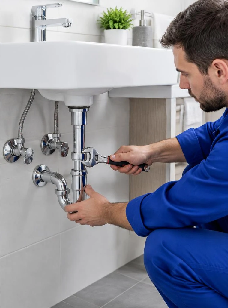 Plumber tightening a chrome pipe connection beneath a bathroom basin