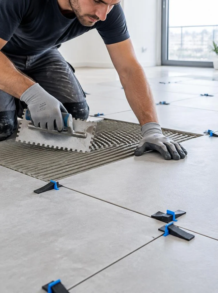 Tiler spreading adhesive with a notched trowel beside porcelain floor tiles and leveling clips